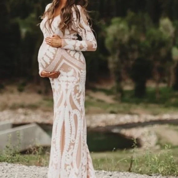 blue dress for baby girl Backless Bohemian Lace Maternity Dress for Photo Shoot Adjustable Waist Maternity Gowns Baby Shower Dresses 12 / Picture Color
